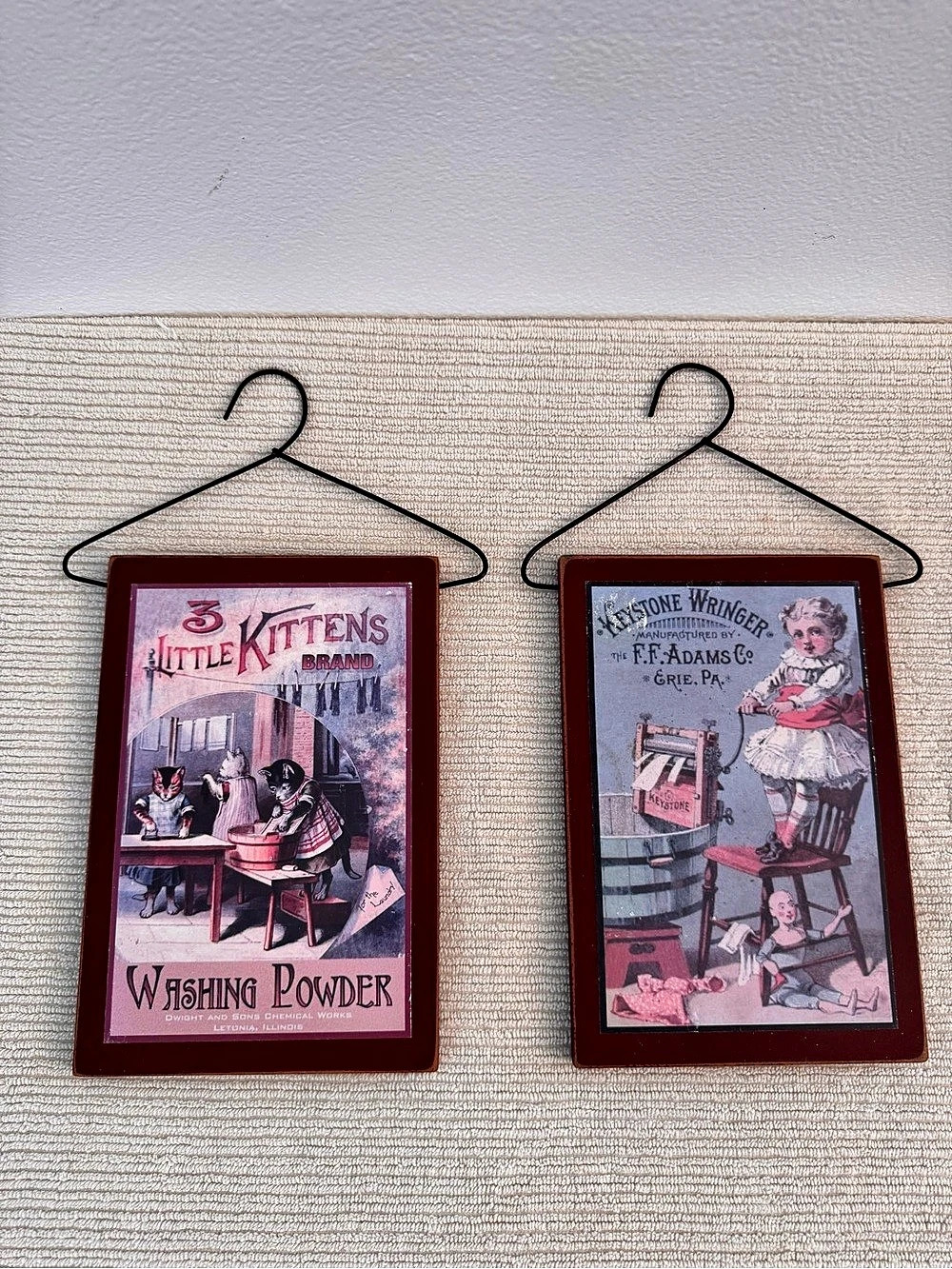 Vintage Style Laundry Wall Decor Set of 2 Wood Plaques Wire Hangers